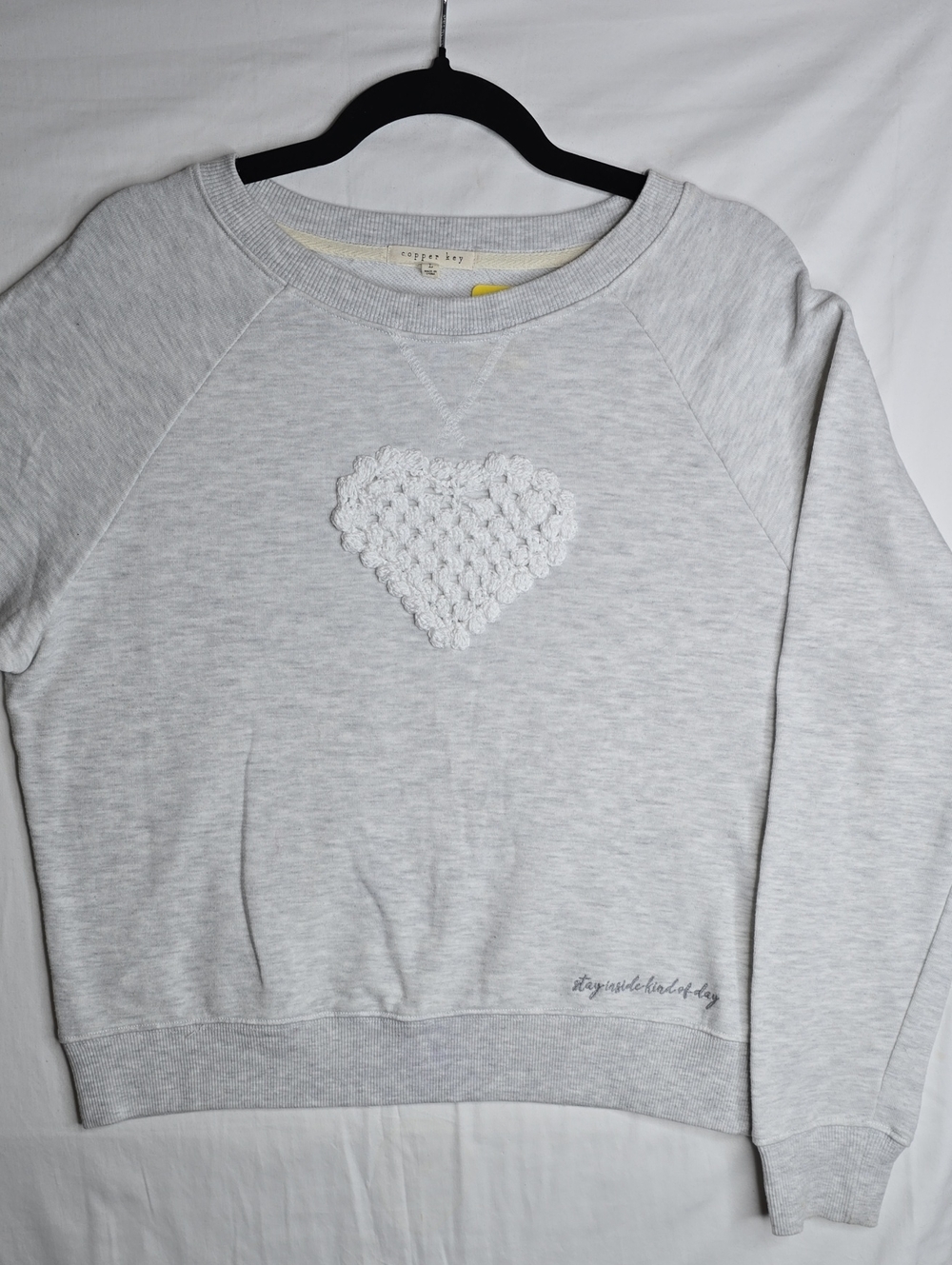 Copper Key Upcycled White Heart Crochet On Heather Gray Sweatshirt Boho Chic